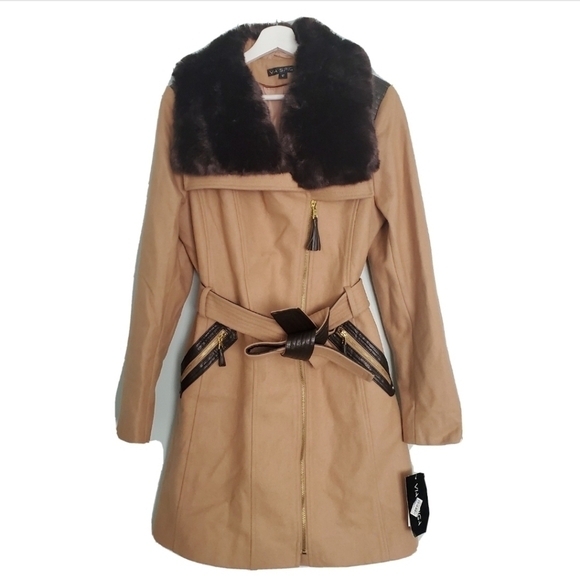 NWT Via Spiga Beige Faux-Fur-Collar Mixed-Media Wool Blend Coat - Picture 1 of 5